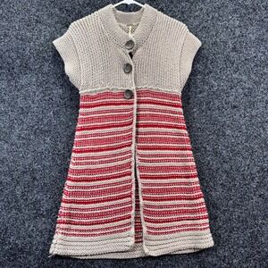 Free People Striped Chunky Knit Longline Sweater Vest Red Beige Cotton Small